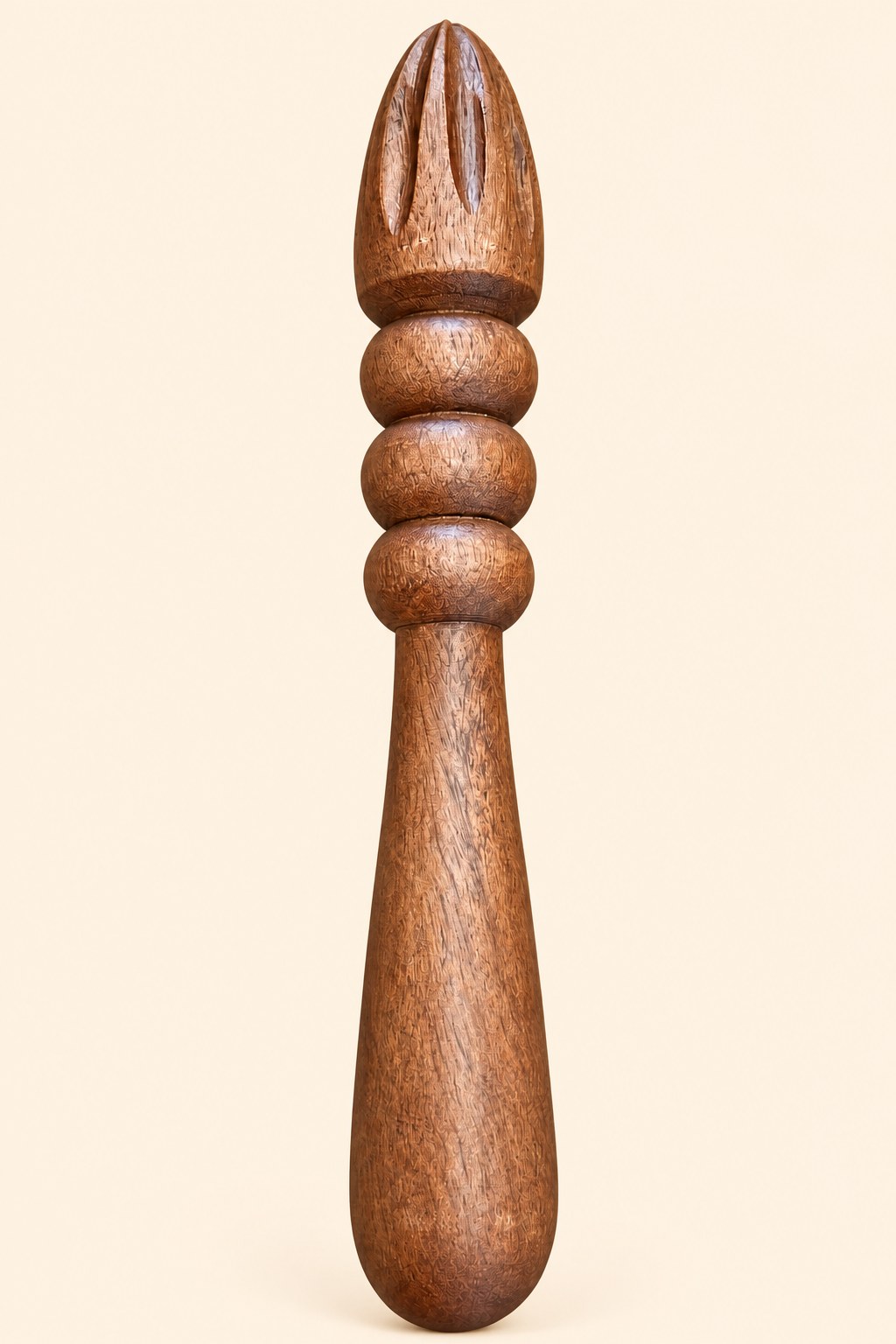 Presse-agrumes manuel en bois brun avec manche sculpté à trois boules